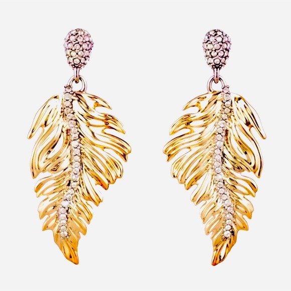Alexis Bittar Gold Georgian Feather Swarovski Crystal Post Drop Hinged Earrings - Picture 11 of 15